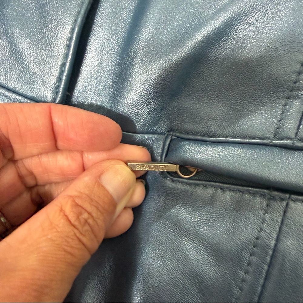 Y2K Metallic Blue Pearl Genuine Leather Blazer Jacket | Size L | Sex & the City - Picture 9 of 10